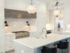 kitchen with white crystal pendants