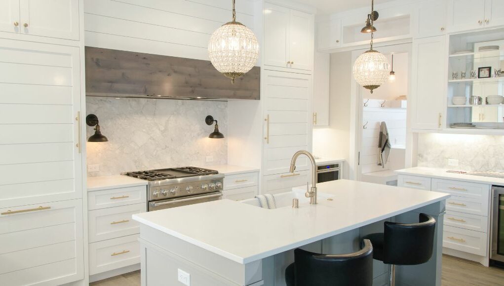kitchen with white crystal pendants
