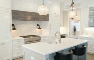 kitchen with white crystal pendants