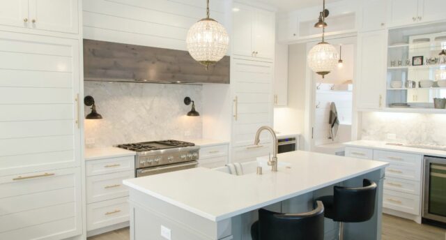kitchen with white crystal pendants