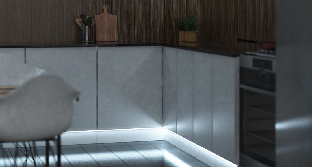 kitchen with LED strip lights in cool white