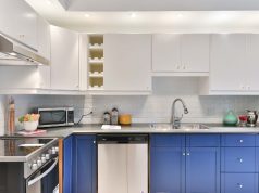 modern kitchen with blue cabinets