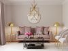 living room with a gold chandelier