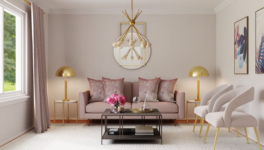 living room with a gold chandelier