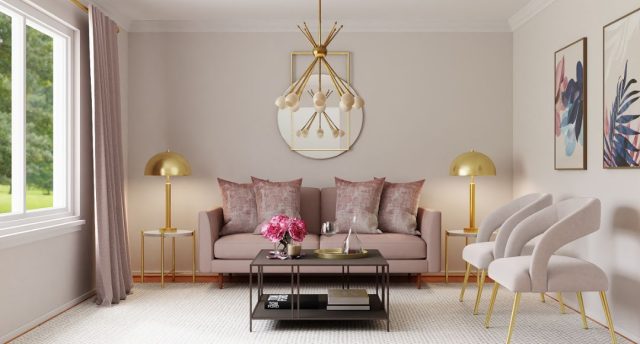 living room with a gold chandelier