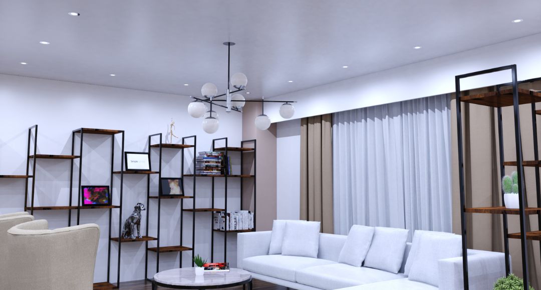 Living room with LED downlights in cool white light