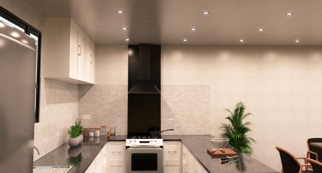 kitchen with downlights in natural white light
