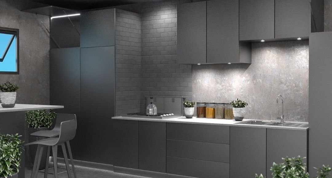 kitchen with black cabinets and cool white cabinet light