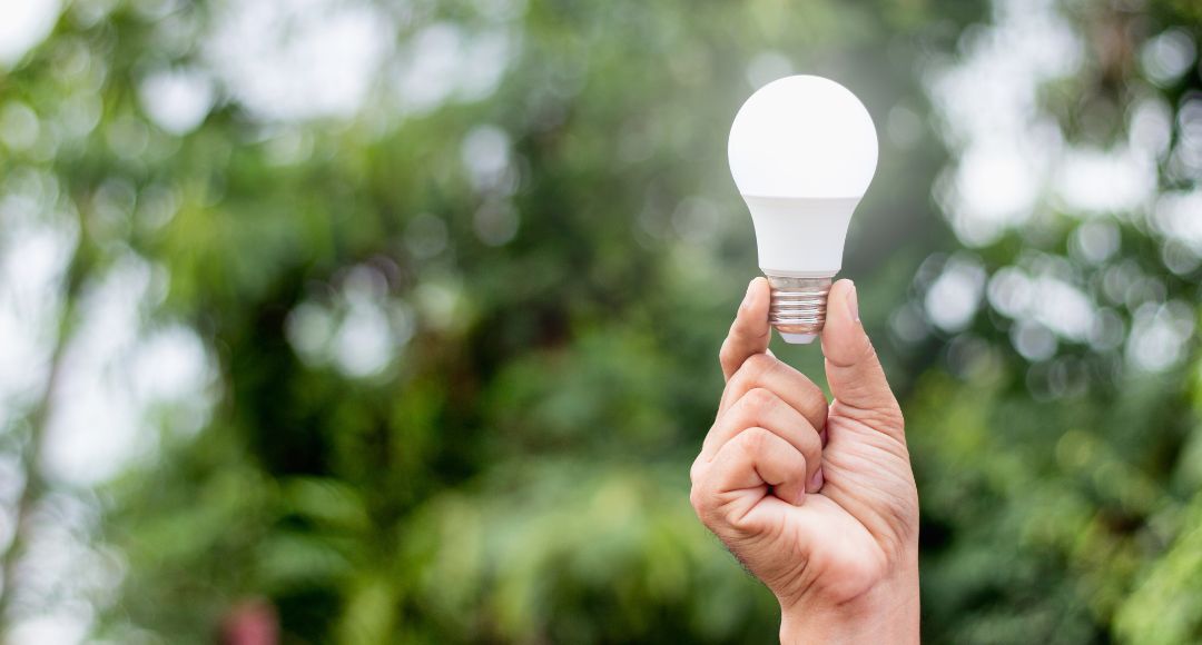 LED light bulb with a hand holding it