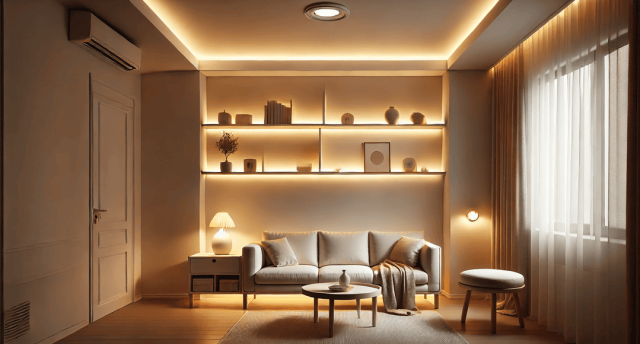 A living room with LED lights