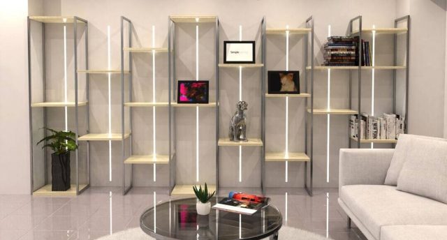 A fancy display shelf with LED lights.