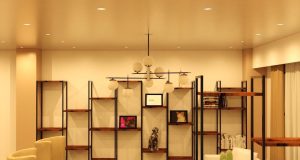 Living room display shelf illuminated by fire-rated LED downlights.