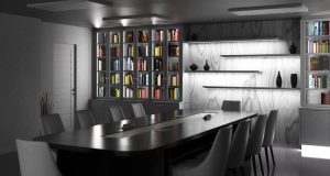 Library office illuminated by LED lights (angle 1).