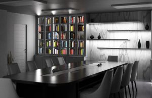 Library office illuminated by LED lights (angle 1).