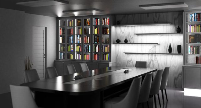 Library office illuminated by LED lights (angle 1).