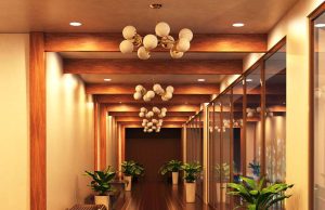 A hallway illuminated by LED downlights.