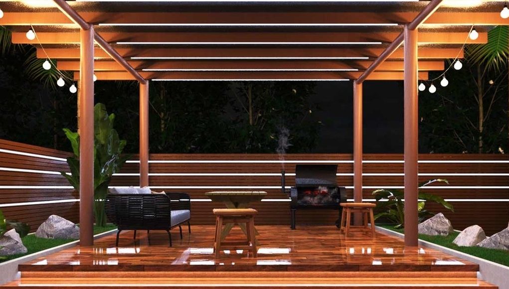 Garden cabana illuminated by LED lights (front view)