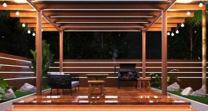Garden cabana illuminated by LED lights (front view)