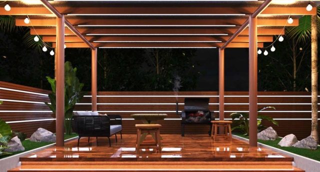 Garden cabana illuminated by LED lights (front view)