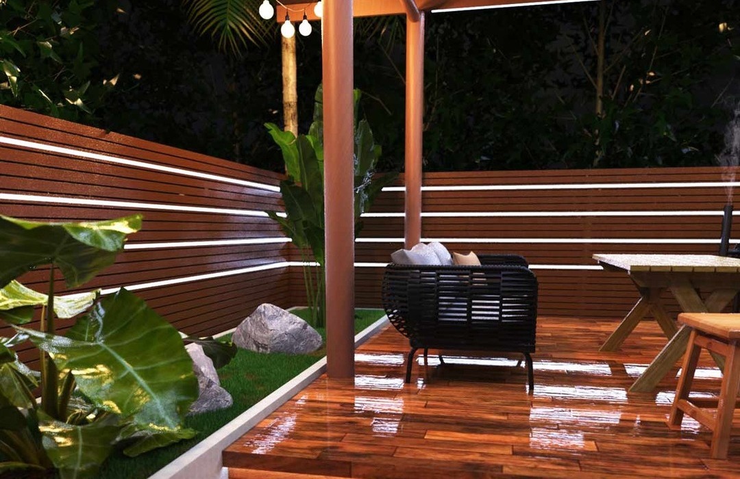 Garden cabana illuminated by LED lights (angled view)