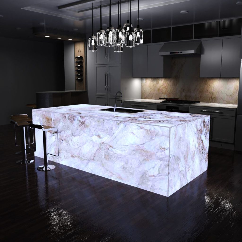 Kitchen island illuminated by LED light sheets