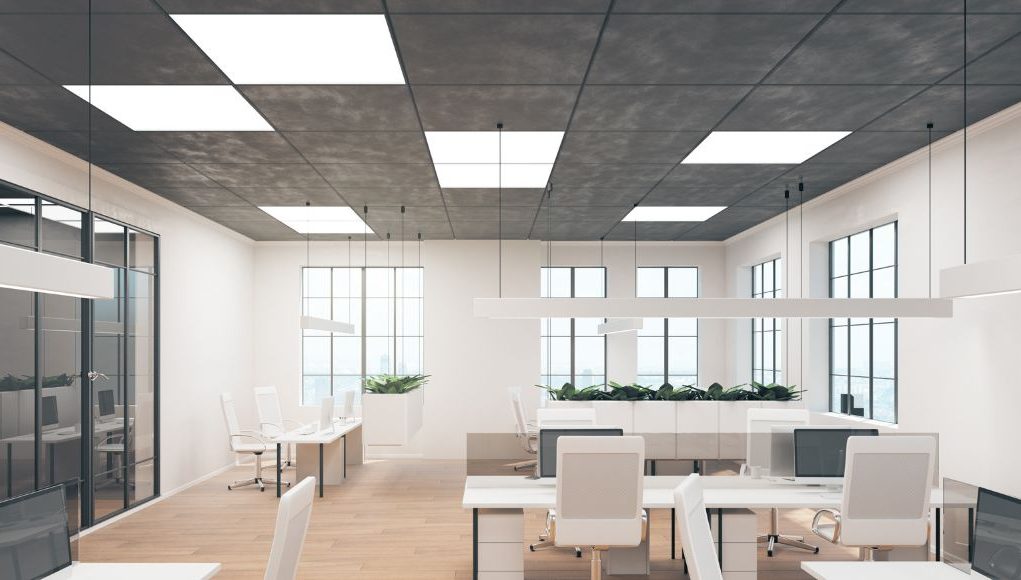 office space with LED panel lights