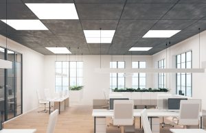 office space with LED panel lights