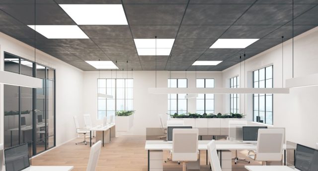 office space with LED panel lights