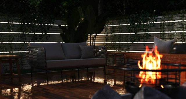 garden area with LED strip lights and fire