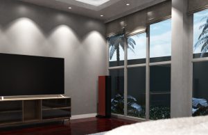 a bedroom illuminated by fire-rated downlights.