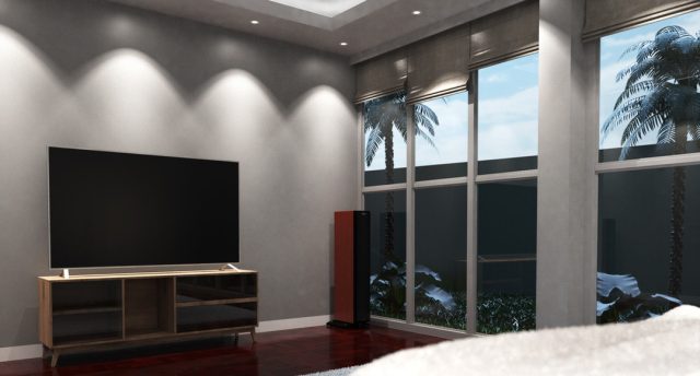 a bedroom illuminated by fire-rated downlights.