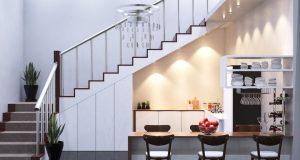 Kitchen illuminated by fire-rated downlights.