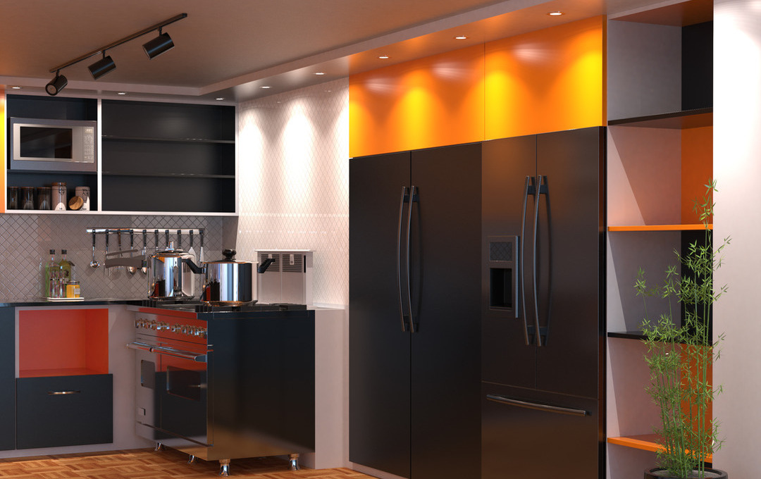 Kitchen illuminated by fire-rated downlights.