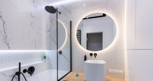 bathroom image with a lighted LED mirror