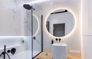 bathroom image with a lighted LED mirror