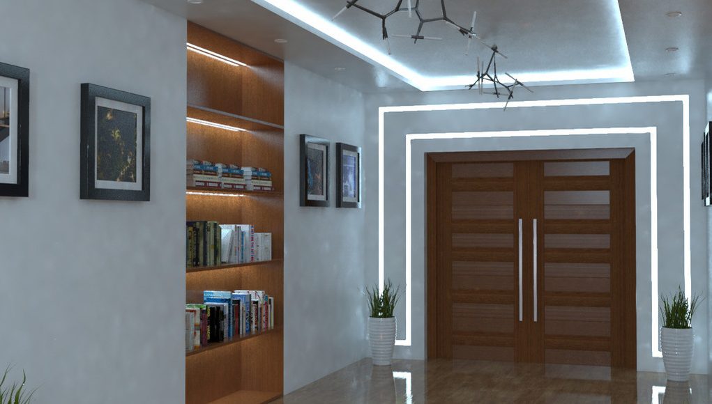 hallway illuminated by LED strip lights
