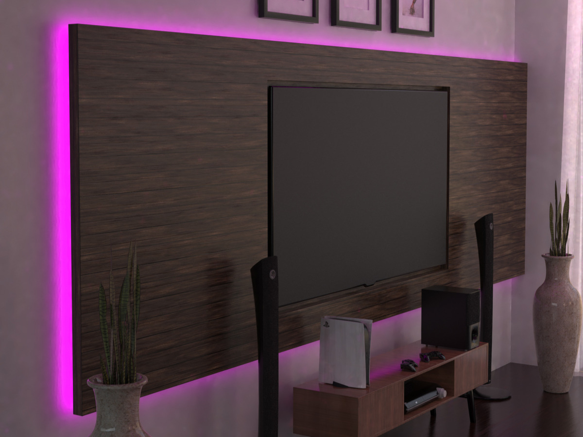 Violet LED tape lights installed behind TV set.