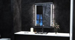 Lighted LED bathroom mirror over black tiles