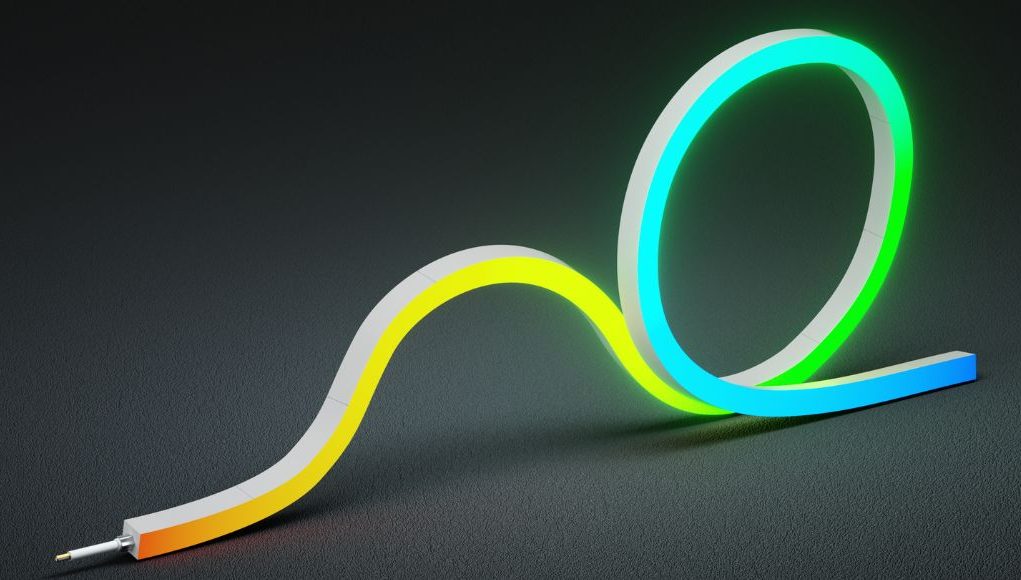 a lighted side-bending neon light in black background