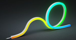 a lighted side-bending neon light in black background
