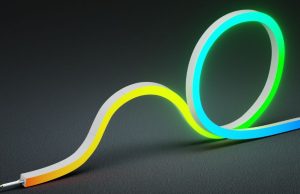 a lighted side-bending neon light in black background