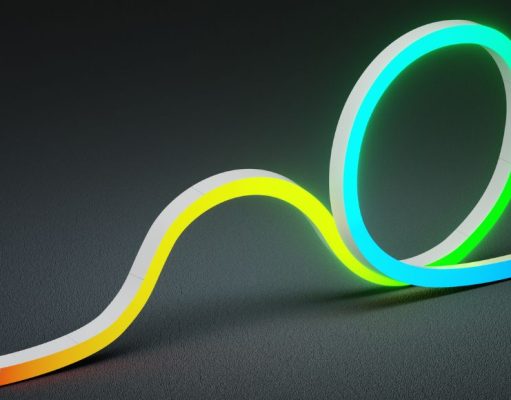 a lighted side-bending neon light in black background