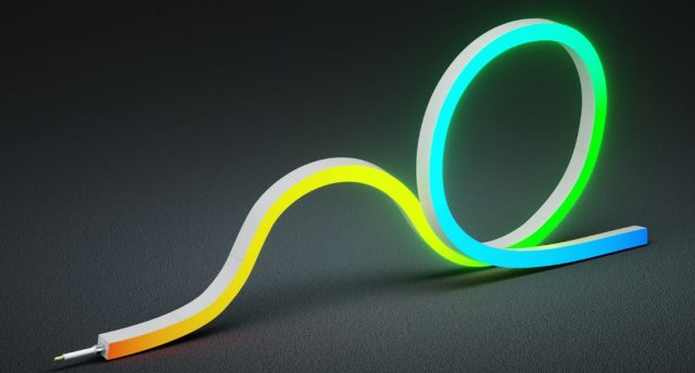 a lighted side-bending neon light in black background