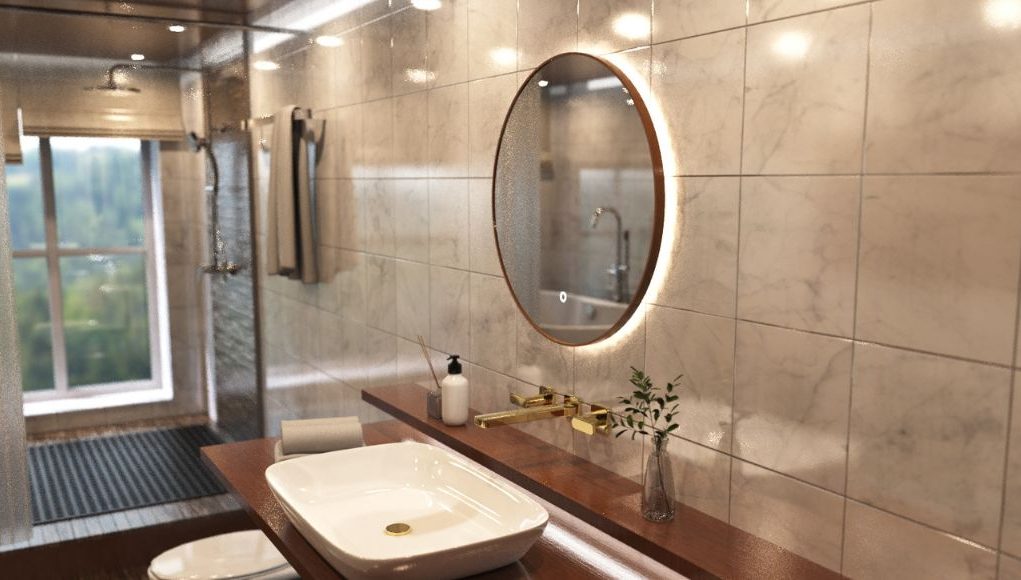 Bathroom with round LED mirror