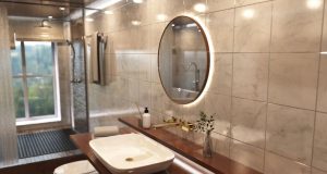 Bathroom with round LED mirror