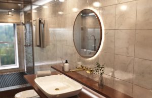 Bathroom with round LED mirror