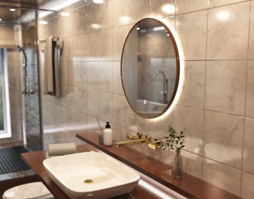 Bathroom with round LED mirror