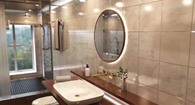 Bathroom with round LED mirror