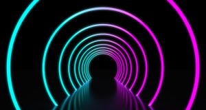 Lighted LED neon lights making arcs on a pathway