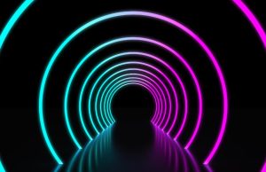 Lighted LED neon lights making arcs on a pathway